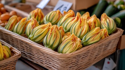 A vibrant still life presents the delicate beauty of zucchini blossoms in a rustic wicker basket, capturing the essence of a farmer's market bounty The flowers, with their sunny yellow petals