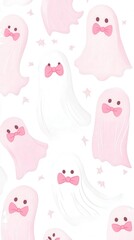multiple kawaii ghosts with pink bows, set against a white background, bringing joy with their soft pastel color palette