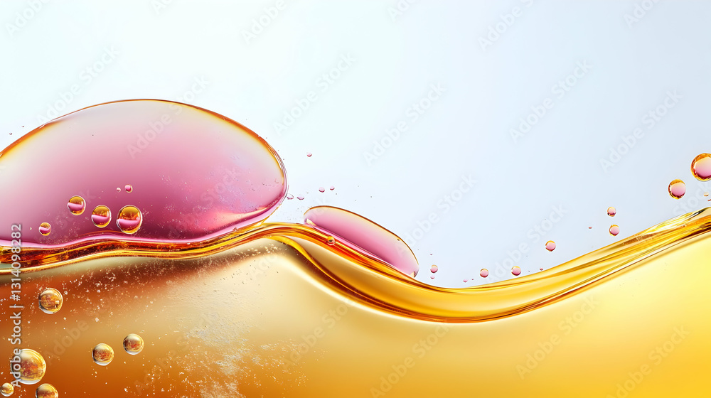 Poster dynamic abstract golden and pink liquid wave with bubbles in motion on a smooth gradient background