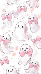 multiple kawaii ghosts with pink bows, set against a white background, bringing joy with their soft pastel color palette
