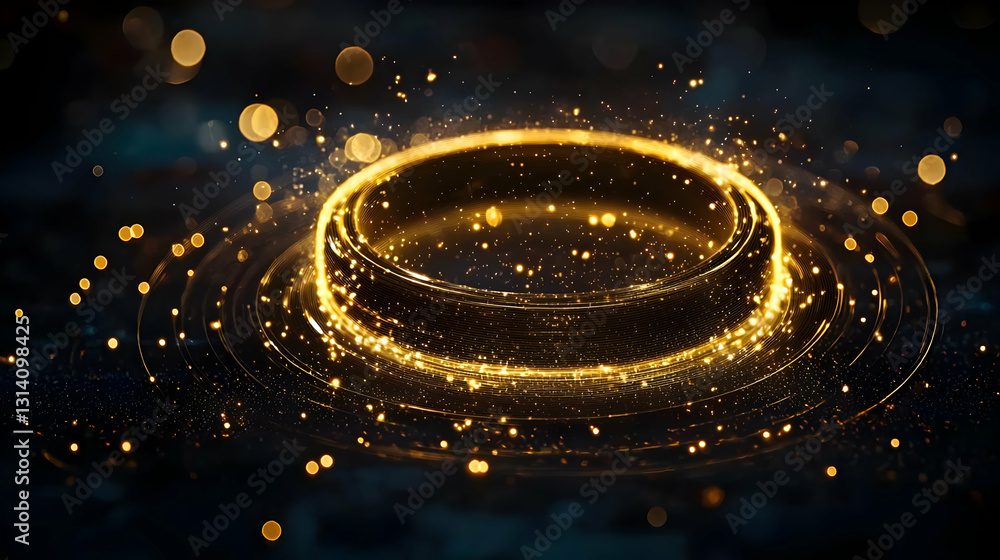Poster golden ring of light particles with dark background and bokeh effect
