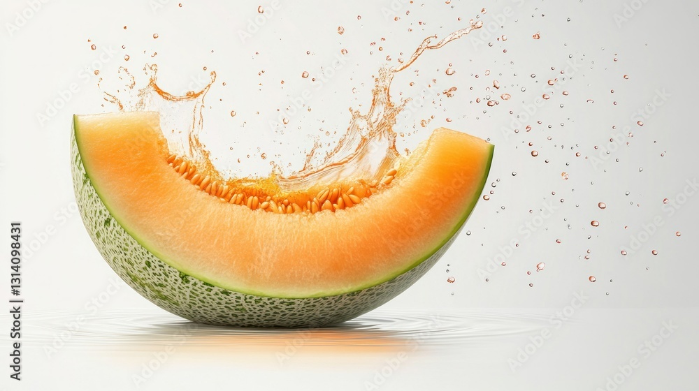 Poster a melon slice with splashing juice and water droplets visible