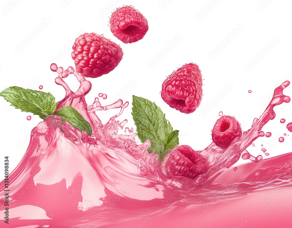 Poster vibrant raspberries and mint leaves splashing in a pink liquid creating a refreshing and dynamic vis