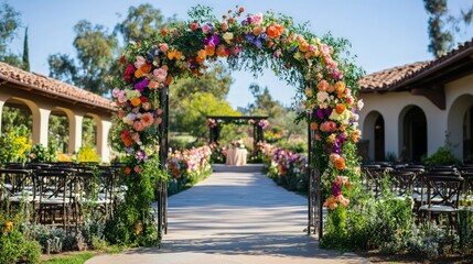 Naklejka premium Elegant Floral Archway at Outdoor Wedding Venue in Sunny Setting