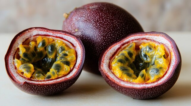 Freshly cut passion fruit reveals vibrant pulp and seeds on a white surface in a kitchen setting