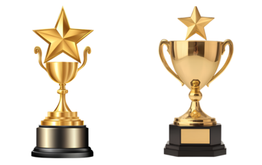 Golden trophy with a star on top, white background, transparent PNG image