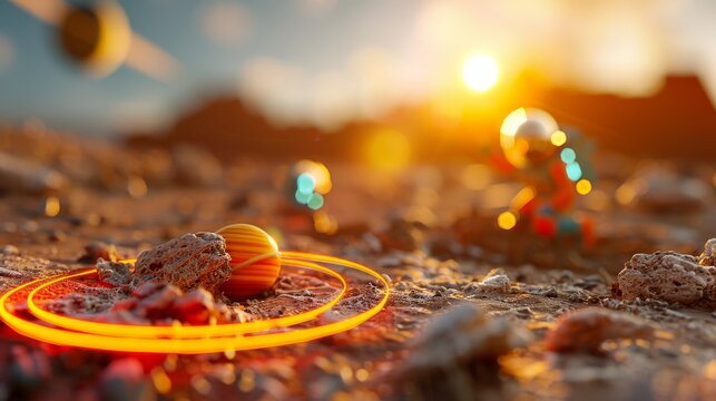 Two astronauts are depicted navigating a rugged alien landscape under a stunning sunset, illustrating the awe of space exploration and the endless possibilities of discovery.