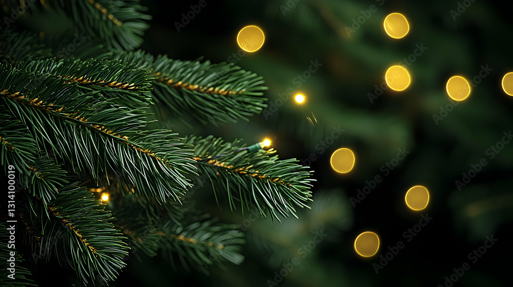 Poster close up of illuminated christmas tree branch with soft golden bokeh lights in the background on a d
