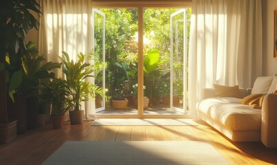 Bright open-plan living room with cream furniture, wooden floors, and large sliding doors opening to a sunny patio surrounded by greenery.