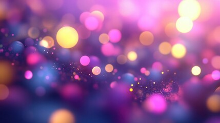 Abstract design shows a colorful bokeh background with bright particles floating