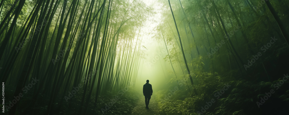 Poster sunlight filtering through dense bamboo forest in china creates a serene atmosphere
