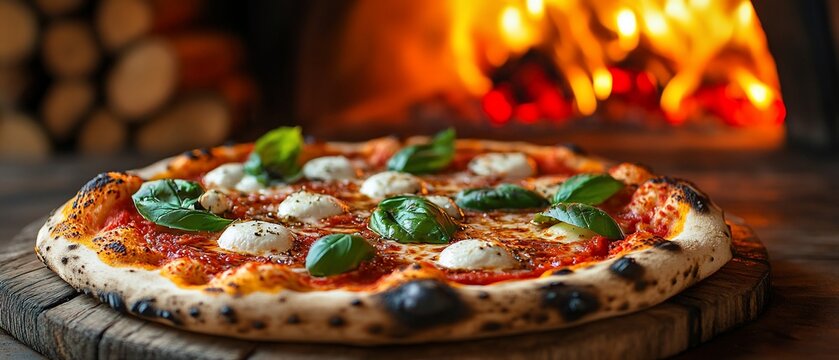 Pizza with basil sits near fire oven in rustic setting on wood board