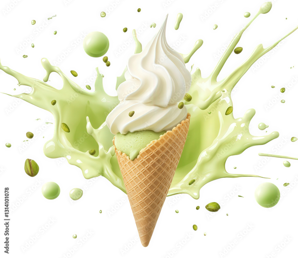 Aufkleber mint ice cream cone with a swirl of soft serve surrounded by splashes and droplets creating a refres