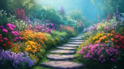 Obraz premium Serene Garden Pathway Surrounded by Vibrant Flowers and Nature