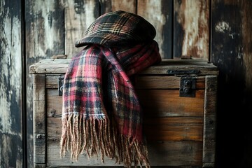 a plaid patterned cap with scarf
