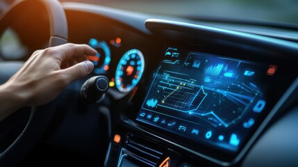 A hand interacts with a modern car infotainment system