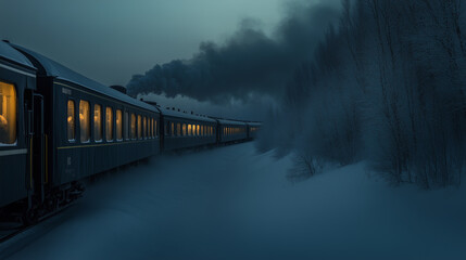 Night train navigates snow-covered landscape under a dark sky