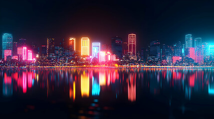 Fototapeta premium Pixel Art Futuristic Cityscape At Night With Colorful Neon Lights Reflecting In The Water With Digital Art Effect