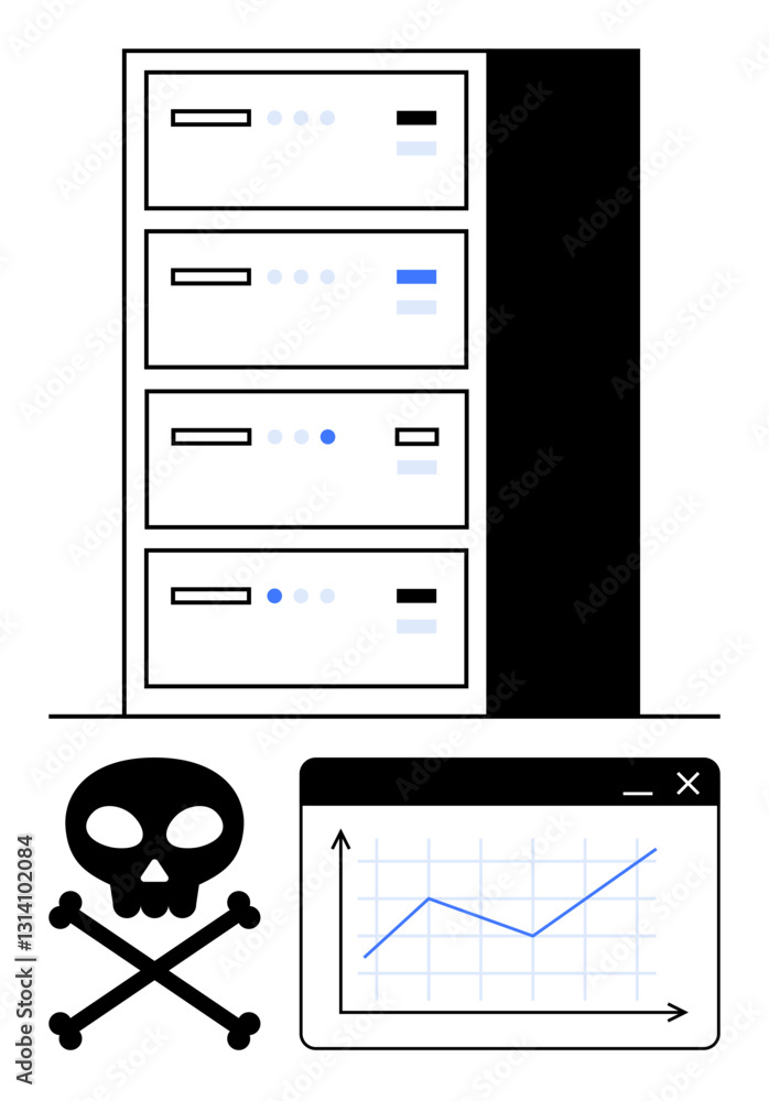Poster server rack with flashing indicators, data graph window, and skull representing hacking. ideal for c