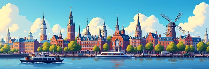 Obraz premium Amsterdam Dutch city skyline with monument landmarks Travel Netherlands Tourism Panaroma Cityscape Urban Architecture illustration banner