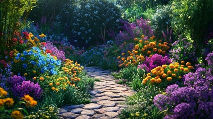 Fototapeta premium Vibrant Pathway Through Colorful Flower Garden in Spring Season