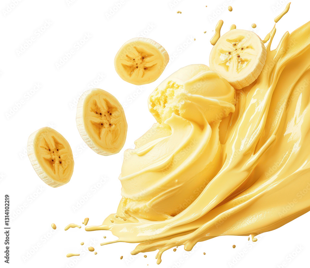 Aufkleber a swirl of creamy banana ice cream with banana slices and splashes emphasizing a vibrant yellow colo
