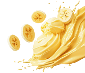 a swirl of creamy banana ice cream with banana slices and splashes emphasizing a vibrant yellow color scheme evoking a sense of freshness and indulgence