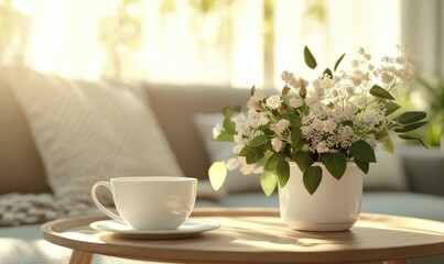 Elegant coffee table with a white teacup and fresh flowers styled in a cozy living room, illuminated by natural sunlight for a warm and inviting interior design,