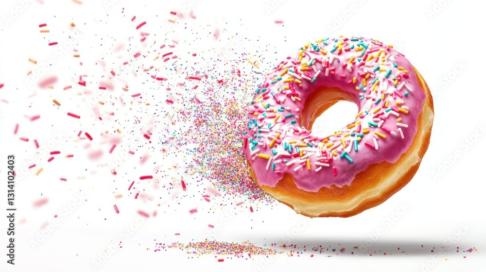 Poster a frosted donut with sprinkles appears to be disintegrating