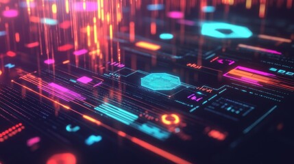 Abstract digital visualization of a technological circuit board in color