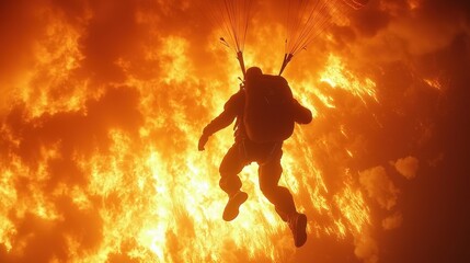 Fototapeta premium Parachutist descends through flames in a dramatic display of bravery and skill above a burning landscape