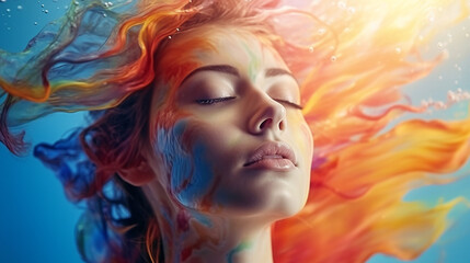 Fototapeta premium Art Portrait of a beautiful woman with bright makeup and colorful water splashes. Portrait of a attractive girl with colorful splashes on her face. Concept - Beauty, Cosmetics, Makeup. AI generated.
