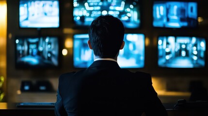 A hotel receptionist in a sleek black uniform working the night shift, monitoring security cameras behind the desk.