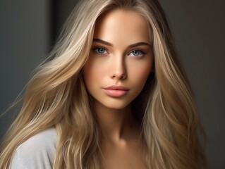 Naklejka premium Beautiful blonde woman with long curly hair. Portrait of a beautiful girl with blonde hair. Beautiful face of a young woman with blond long hair and blue eyes. Studio shot.