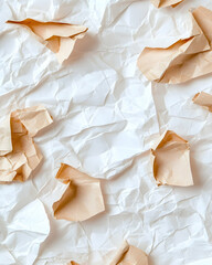 Obraz premium Crumpled white paper with tan scraps, textural background