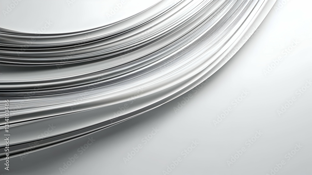 Poster dynamic flowing silver metallic lines with smooth curves on a white background in a modern abstract 