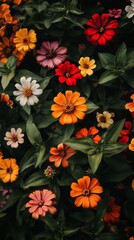 Vibrant Garden of Colorful Zinnias with Green Leaves Background