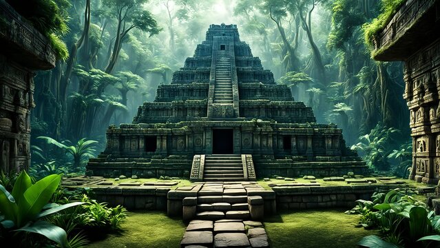 Ancient Mayan or Aztec Pyramid Temple Ruins Deep in a Lush, Overgrown, and Misty Central American Jungle Environment,4k