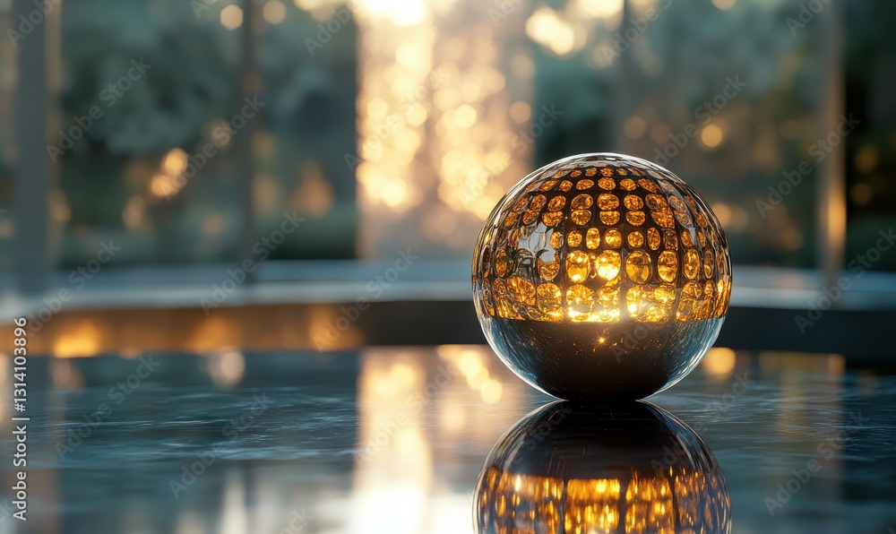 Poster elegant sparkling disco ball reflecting intricate light patterns, styled on a sleek reflective surfa