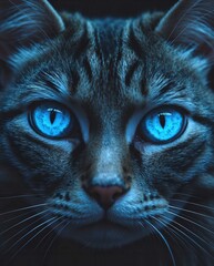 A stunning close-up of a cat with glowing blue eyes. The intricate fur details and deep gaze create a mysterious and captivating atmosphere, enhanced by the dark, moody lighting.