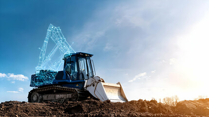 Blue Bulldozer With Holographic Graphic Visualization On A Construction Site Under Bright Sunlight With Blue Sky