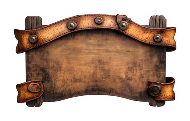 Obraz premium Vintage wooden signboard with a leather strap and rustic texture for messages, rustic wooden signboard png image
