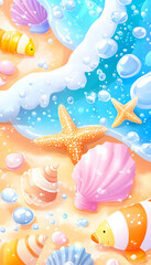 Cute, cartoon beach scene. Starfish, shells, wave foam, and fishes on tan sand