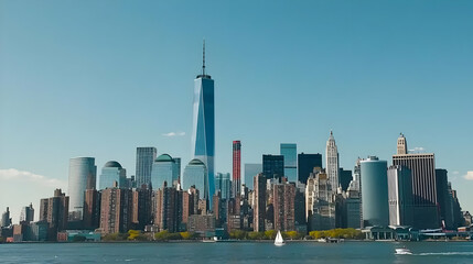 Fototapeta premium Dynamic Urban Skyline of a Modern City Against Clear Blue Sky