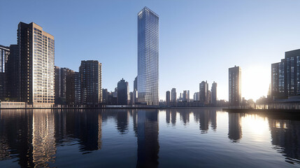 Obraz premium Modern Urban Skyline Reflection at Sunrise Over Still Water