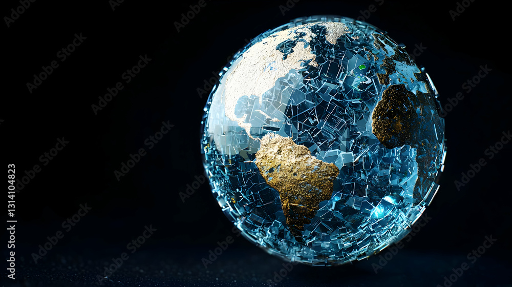 Poster a futuristic blue and gold rendering of planet earth with digital data network connections on dark b