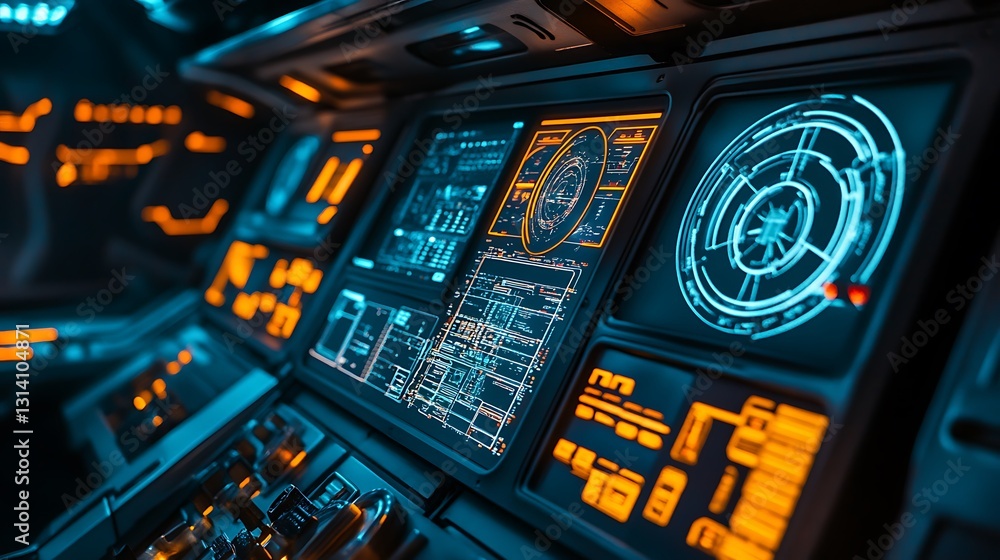 Poster futuristic spaceship control panel with glowing screens and digital interfaces.