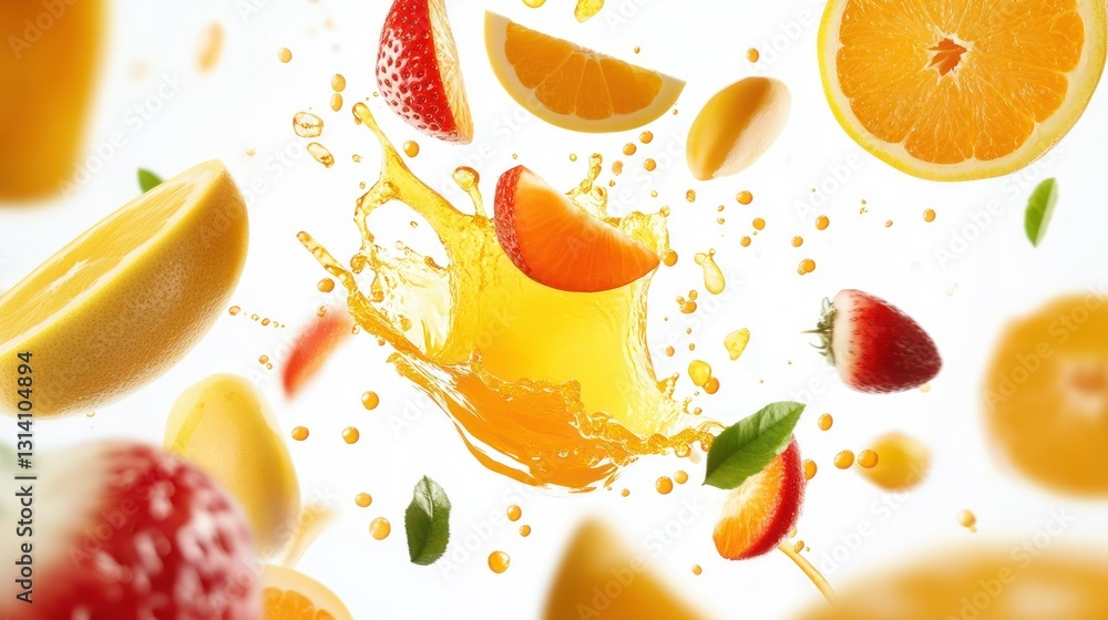 Poster fresh fruit slices and juice create a colorful splash effect