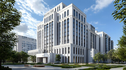 Modern White Building with Green Surroundings and Blue Sky