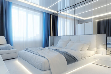 modern bedroom interior. bedroom in hotel with blue fabric.